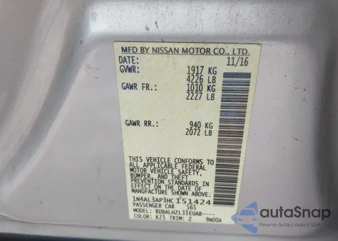 2017 Nissan Altima 2.5 Sr z USA, uszkodzony, nr VIN 1N4AL3AP3HC151424